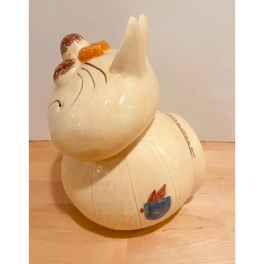Vintage Ceramic Cat Cookie Jar Hand Painted Whimsical MCM Kitchen Decor